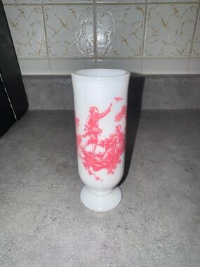 Vintage Avon Milk Glass Footed Mug Pink Toile Country Scene Pedestal